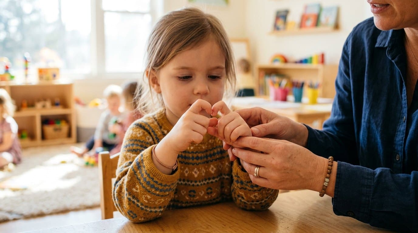 An adult guiding a young girl’s hands to form a sign at a classroom table